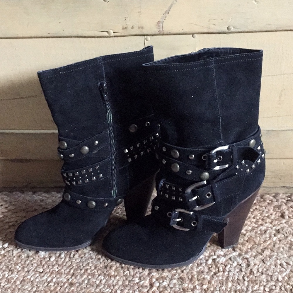 STEVE MADDEN BLACK BIKER ROCKER 100% SUEDE LEATHER BIKER ANKLE BOOTIES BOOTS 8.5